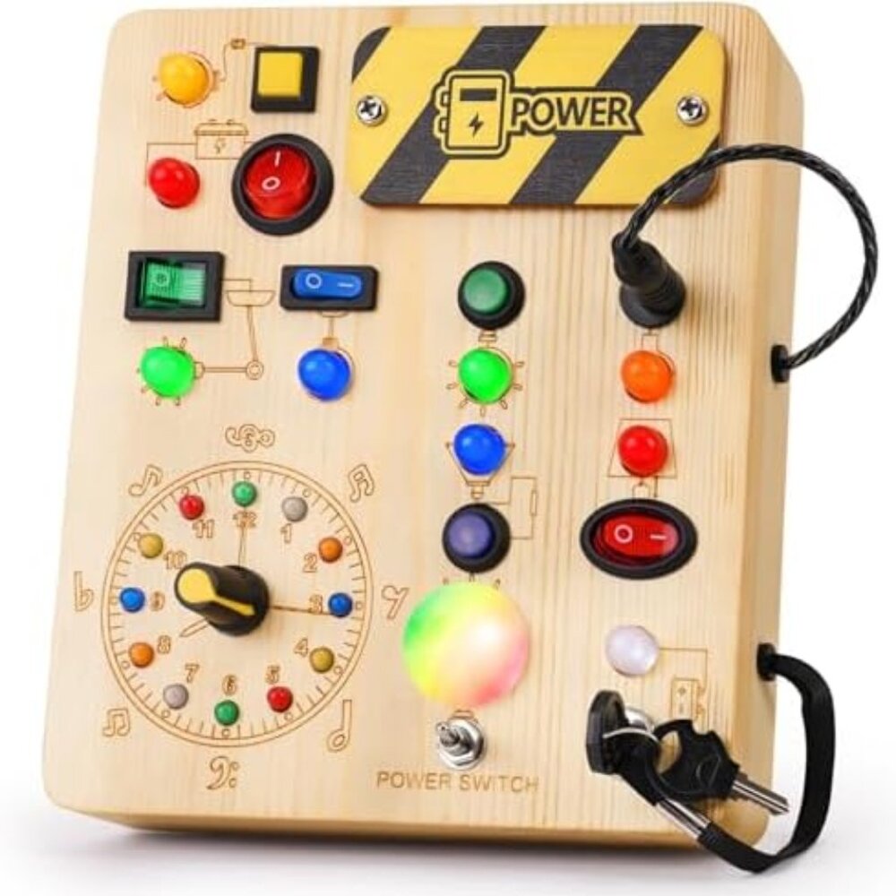 Busy Board with Led Light, Montessori Toys for 1-3 Years Old Boys Girls Wooden